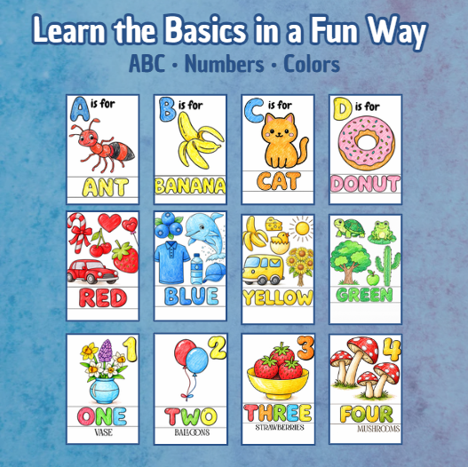 A set of three educational books: letters, numbers, and colors.