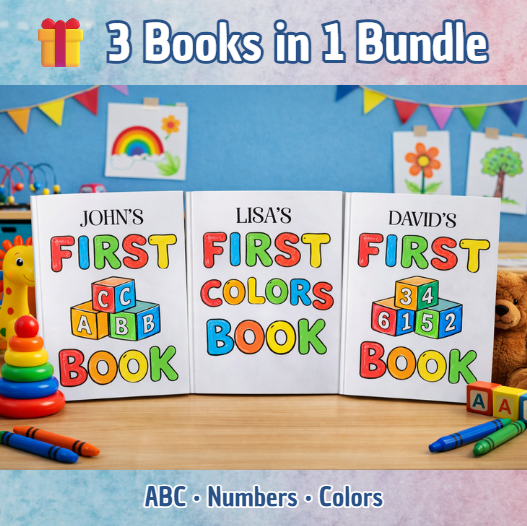 A set of three educational books: letters, numbers, and colors.